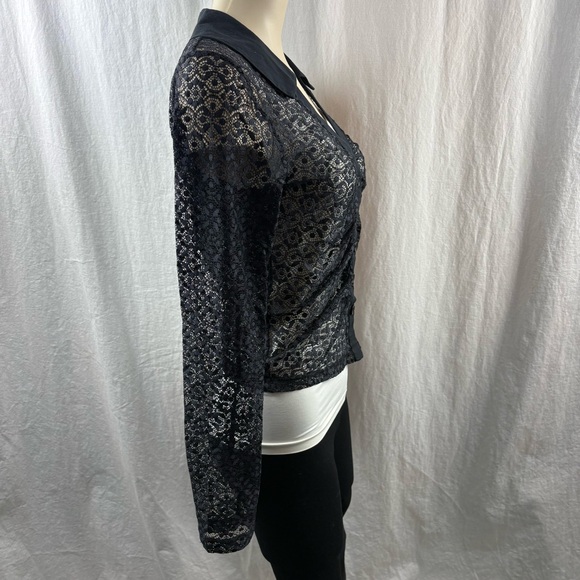 Maeve Anthropologie Sheer Open Lace Button Up Black Collared Shirt Top M NWT - Picture 8 of 14